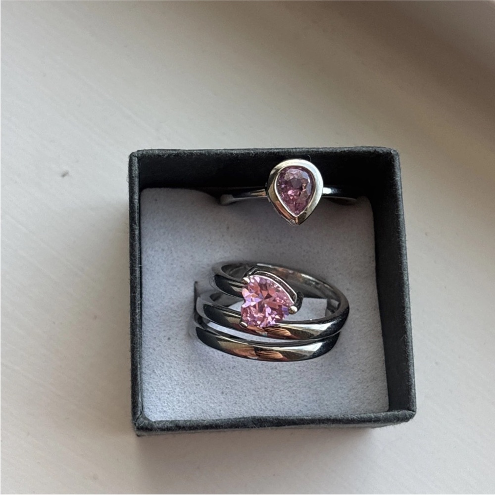 2 Piece White Gold Plated Pink Heart CZ Ring Set | Romantic Boho | Adjustable - Picture 3 of 14